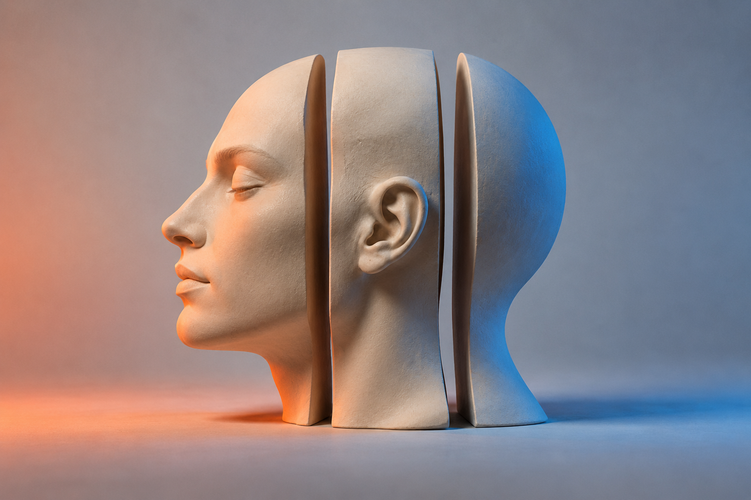 A sculptural head split into three perspectives, lit in coral and blue